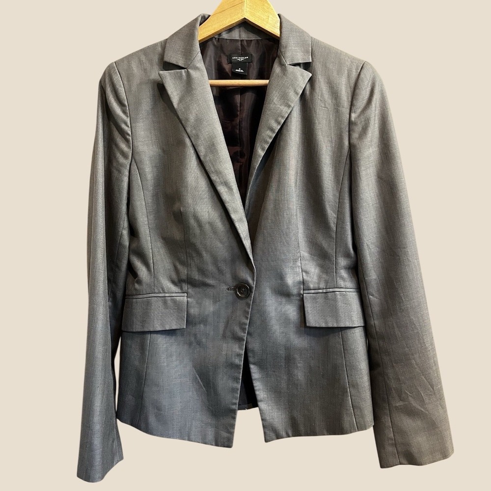 Ann Taylor Blazer Womens 6 Grey Herringbone Single Button Professional Tailored